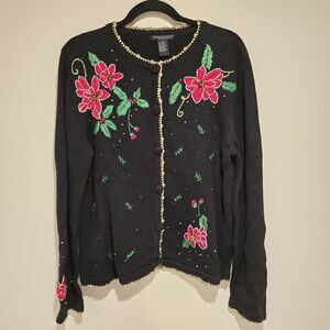Christmas Sweater Cardigan Large Women Vintage 90s Embroidered Beaded Poinsettia